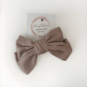 Brown Taupe Silk Hair Bow w/ Silver Studs & Rhinestones